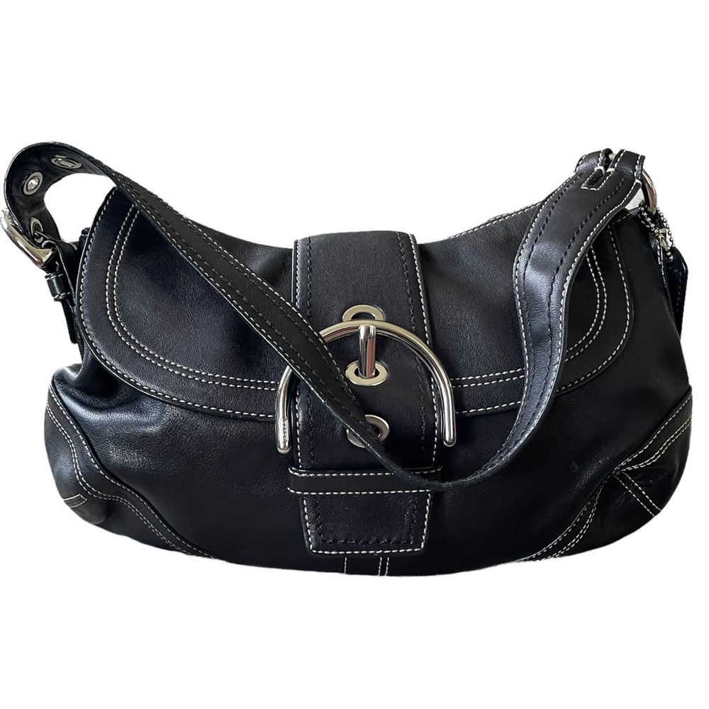 Authentic black leather coach shoulder bag medium size preowned